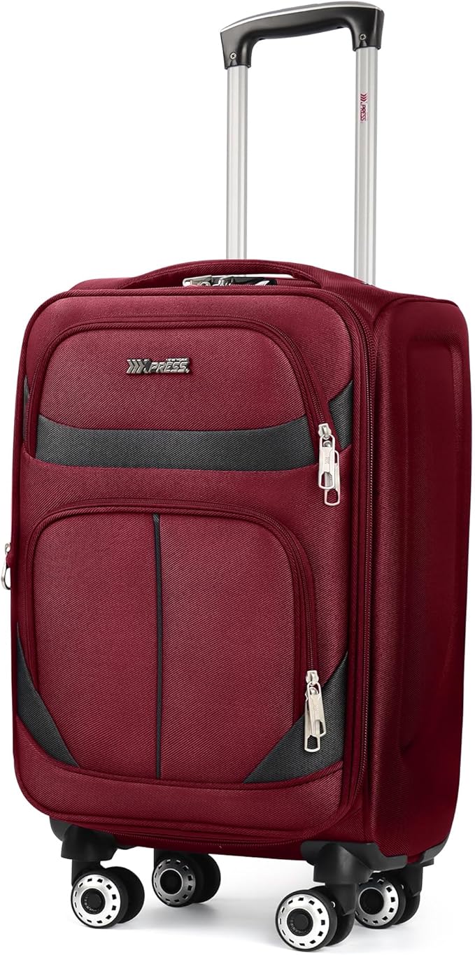 24'' Softside Expandable 15% Rolling Luggage with Double Spinner Wheels & w/LOCK,Lightweight Travel Luggage for Men Women（Burgundy-Grey,24in）