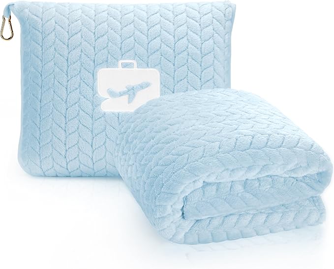 EverSnug Travel Blanket & Pillow 68x42 - Premium Ultra-Soft Microfleece 2 in 1 Compact & Packable Flight Blanket with Soft Bag Pillowcase, Hand Luggage Sleeve and Backpack Clip (Ice Blue)