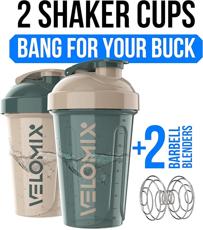 VELOMIX -2 Pack- 20 oz Protein Shaker Bottles for Protein Mixes - 2x Wire Whisk | Leak Proof Shaker Cups for Protein Shakes and Pre Workout | Protein Shaker Bottle Pack (Blue&Beige)
