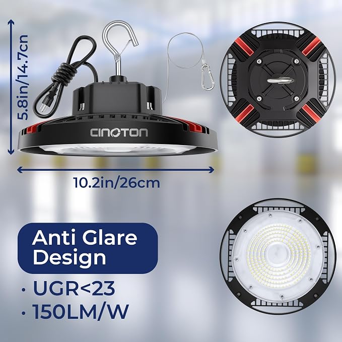 CINOTON 160W UFO LED High Bay Light, Aluminum LED Shop Lights with 24000LM, 5000K Commercial Bay Lighting for Warehouse Garage Workshop Factory, 6' Cable & Safety Rope, ETL Listed 1 Pack