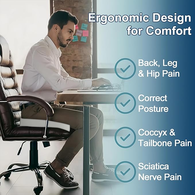Memory Foam Cusion, Relief Pressure Seat Cusion for Office Chairs & Car Seat, Ergonomic Design Seat Cusion for Tailbone Pain Relief, Sciatica & Back Support