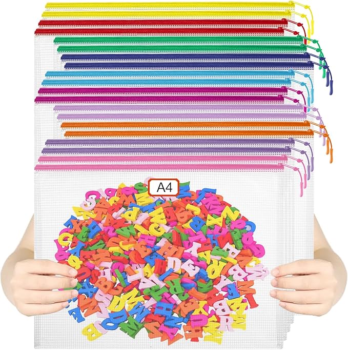 20PCS Mesh Zipper Pouch Bags File Storage Bags, A4 11x9 Inches Reusable Clear Zipper Pouches for Travel and Classroom Board Game Organization