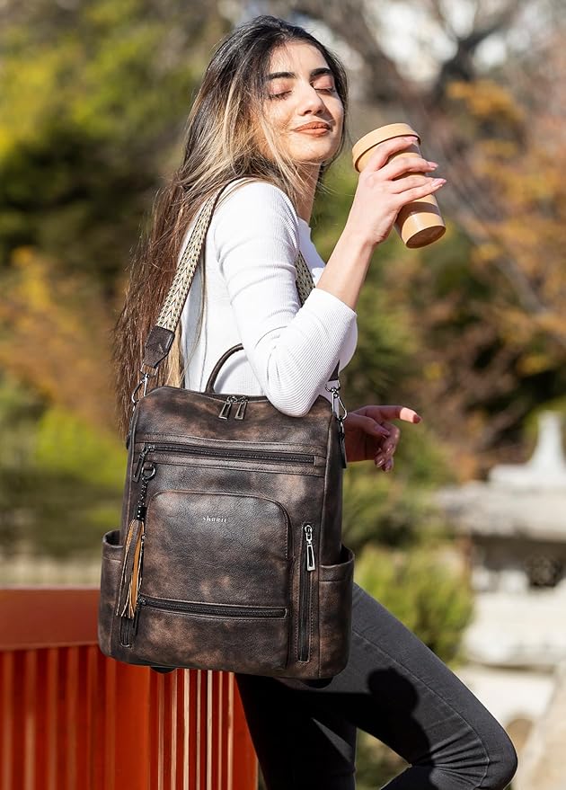 Shrrie Vegan Leather Laptop Backpack for Women 15.6 inch Work Backpack Fashion Travel Backpack Purse for Travel College Work