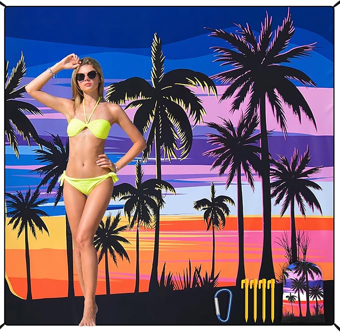 HIHOHO Beach Blanket Waterproof Sandproof Beach Mat 79”x 83” for 1-8 Adults Quick Drying Durable Outdoor Picnic Mat for Beach Festival Travel Camping Hiking (Color Cocotree, 79"×83"(4 Person))
