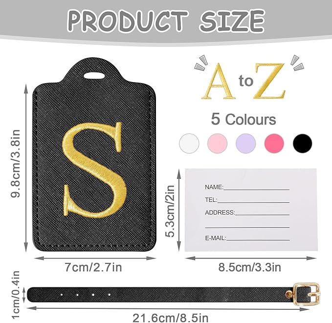 Personalized Initial Luggage Tags for Suitcases, Cute PU Leather Embroidered Letter Travel Luggage Tags, Suitcase Identifier Name Baggage Tag, Bag Tags for Men Women Kids Luggage Handbags(Black S)