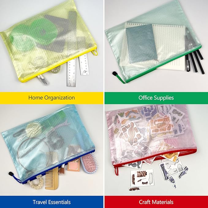 Mesh Zipper Pouch Bags – 13.2" x 9.2" Waterproof Storage Pouches, 4-Pack Colorful Translucent Bags for Office, Travel, Toys & Crafts