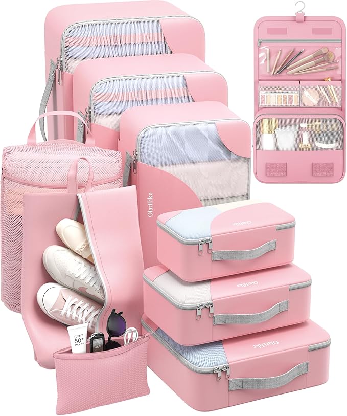 10 Set Packing Cubes for Travel, Gifts for Women Mom,Anti-Tearing Suitcase Organizer for Luggage with Shoe & Hanging Toiletry Bag,OlarHike Vacation Essentials & Accessories for Cruise Ship