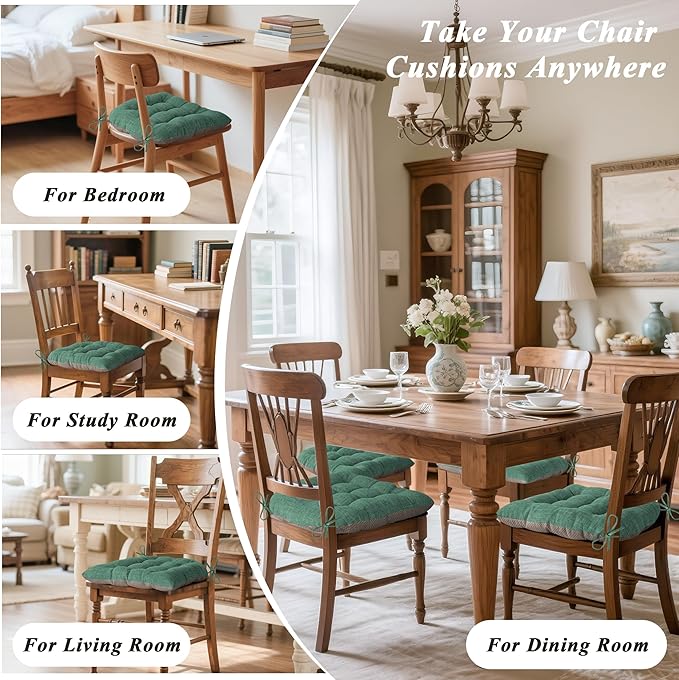 Chair Cushions for Dining Chairs Set of 4 Durable D-Shaped Seat Cushions with Non-Slip Backing Secure Ties Thick Cozy Seat Pad for Kitchen Dining Room Office(18x16.5x3in Green)