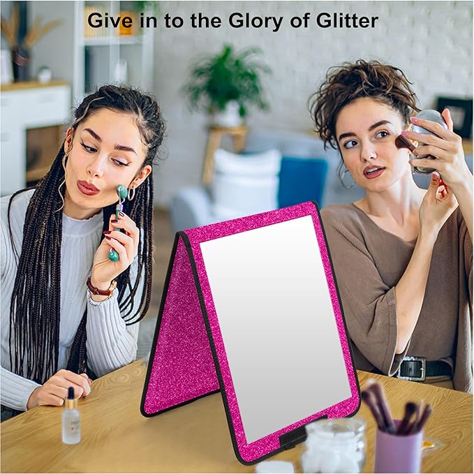 LPHUMEX Sparkle Hot Pink Folding Mirror 13”x33”, Foldable Full-Length Travel Mirror 3-Way Use, Perfect for Dance, Festivals, RV