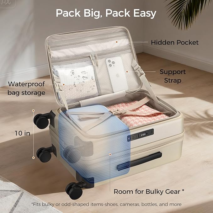Carry On Luggage Top Opening with Cup Holder & Phone Holder, Expandable PC Hard Shell Suitcase, USB Charging Port, Side Hook, 360° Spinner Wheels, TSA Lock & YKK Zippers for Women Man Gifts