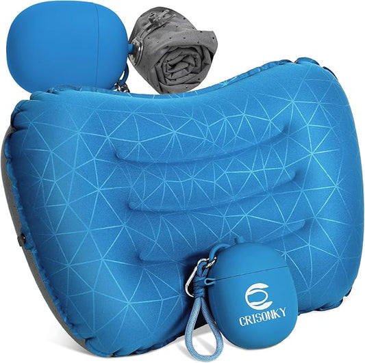 Camping Inflatable Pillow with 2-in-1 Silicone Air Pump Storage Bag – Ultralight Travel Pillow for Airplane, Lumbar Support, Dual Valve Easy Inflate, Compressible Ergonomic (Navy Blue)