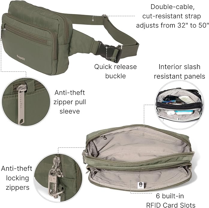 Baggallini Securtex Anti-theft Belt Bag 8.8"x5.5" Crossbody Fanny Pack for Women RFID Wallet Locking Zipper Travel Purse