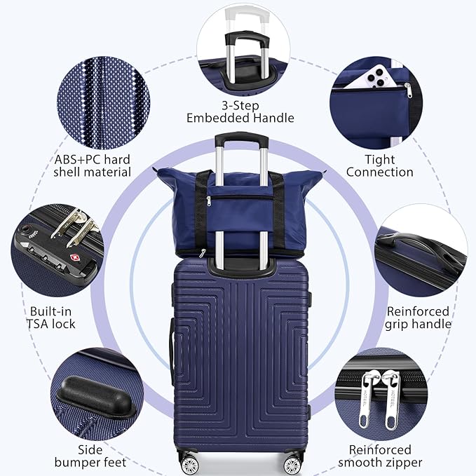 Hoteel Luggage Sets 3 Piece ABS+PC Hardside, 4-Year Warranty, Luggage Set with Dual-Spinner Wheels, TSA Lock, Lightweight Carry on Luggage, 20" Suitcase with Duffel & Organizer, Dark Blue