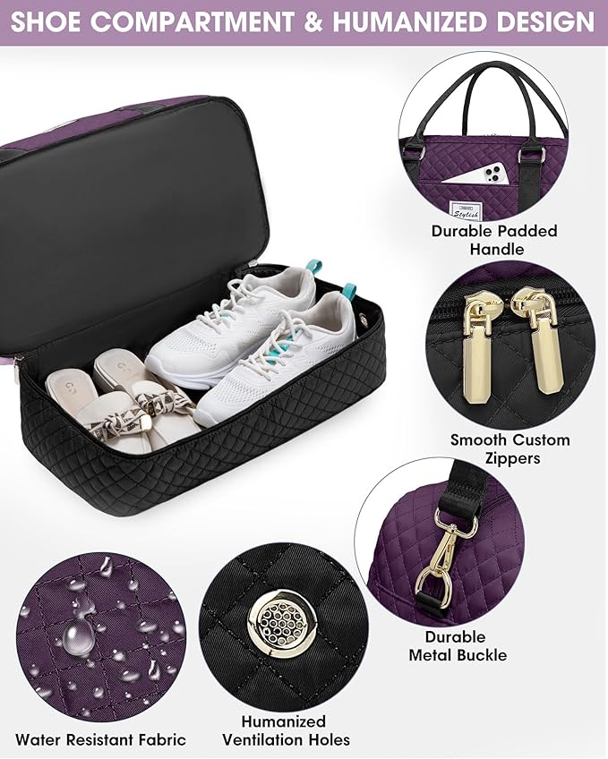 Weekender Bags for Women Travel Bag - Duffle Bag with Shoe Compartment Carry on Overnight Bag for Women Hospital Bags for Labor and Delivery 2Pcs Set Black Purple