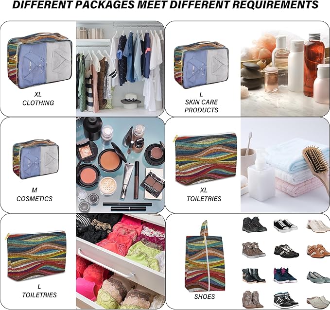 7 Set Packing Cubes Travel Luggage Organizers for Suitcase Travel Accessories with Shoe Bag for Girls Women Aesthetic Cute Boho Bohemian-Colorful