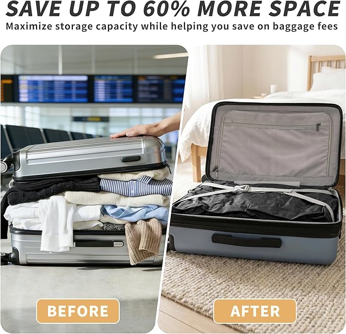 Vacuum Bag for Travel, Professional IPX8 Waterproof Reusable Vacuum Compression Bags for Travel Suitcases, Durable Space Saver Bag(3 PACK,With Pump)