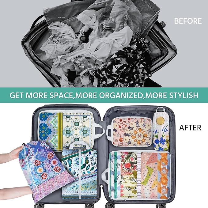 6 Pcs Compression Packing Cubes Waterproof Suitcase Travel Bag Luggage Backpack Organizer Travel Cubes for Packing-Pink and Green Bohemian