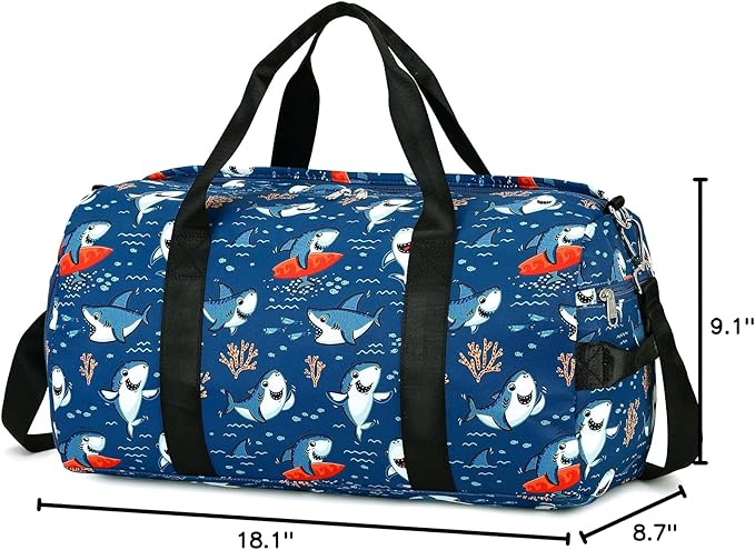 CAMTOP Kids Duffel Overnight Bag for Boys and Girls Toddler Carry-On Size Tote for Travel Duffle Gym Sport (Shark-Dark Blue)