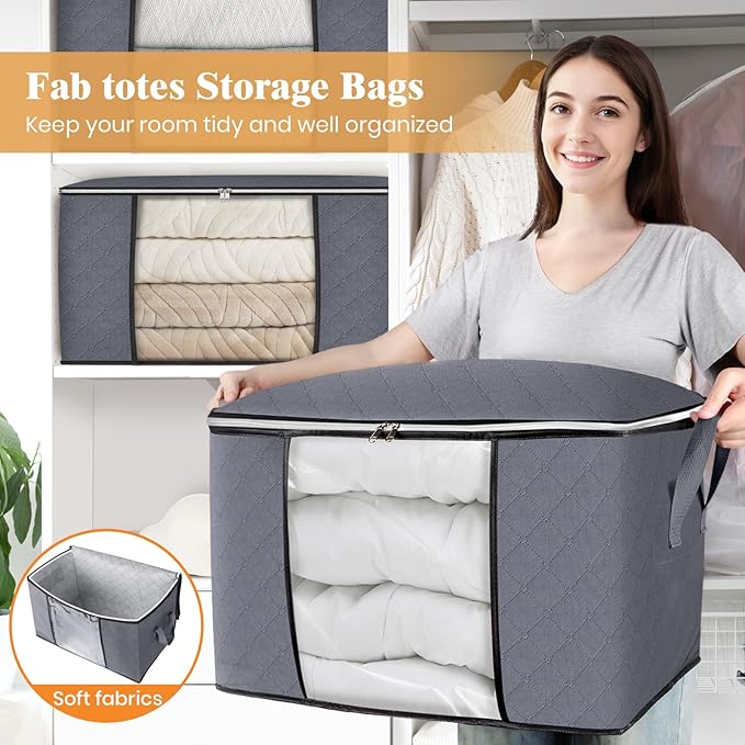 Fab totes 24 Gallons Clothes Storage, Foldable Thick Fabric Blanket Storage Bags, Containers for Organizing Bedroom, Closet, Clothing, Comforter, Organization with Handle (3 Pack,Grey)