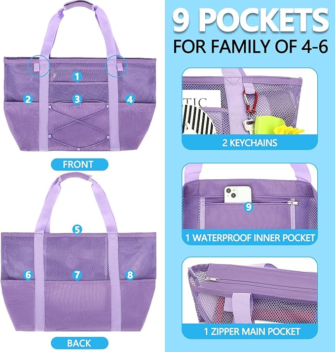 Fammart Mesh Beach Bag, Large Beach Tote with Zipper Pocket, Toys Pool Bag for Family Travel Vacation Cruise Essentials