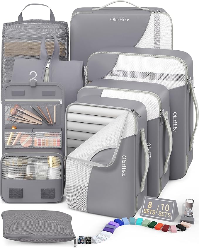 8 Set Packing Cubes for Travel, Gifts for Women Mom,Anti-Tearing Suitcase Organizer for Luggage with Shoe & Hanging Toiletry Bag,OlarHike Vacation Essentials & Accessories for Cruise Ship