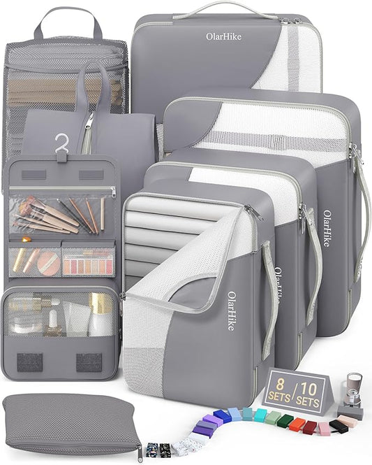 8 Set Packing Cubes for Travel, Gifts for Women Mom,Anti-Tearing Suitcase Organizer for Luggage with Shoe & Hanging Toiletry Bag,OlarHike Vacation Essentials & Accessories for Cruise Ship