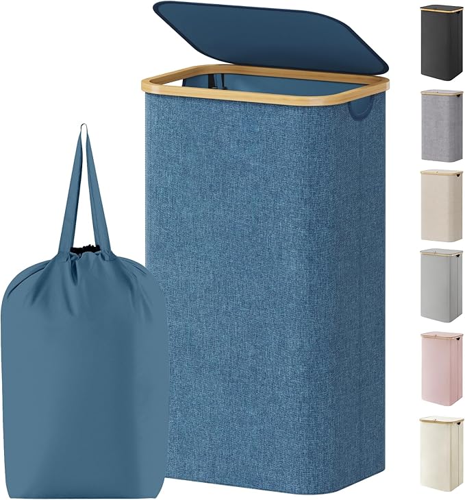 Lifewit 100L Laundry Basket with Lid, Clothes Hampers for Laundry with Bamboo Handles and 1 Removable Bag, Large Foldable Laundry Hamper for Bedroom, Bathroom, Dorm, Laundry Room, Dark Blue