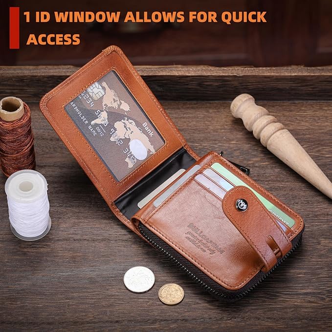 BULLCAPTAIN Genuine Leather Men's Wallet with Zipper Vintage RFID Blocking Large Capacity Wallet for Men with 14 Credit Card Slots and 1 ID Window T23 (Brown)