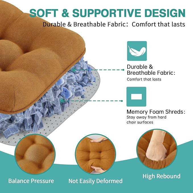 BETU Chair Cushions for Dining Chairs Set of 6,3.5" Thick Kitchen Table Chair Pads with Ties,Non Slip Backing and Covers, Seat Cushion for Dining Room,Bar,Patio Chairs,16"X16"X3.5",Caramel
