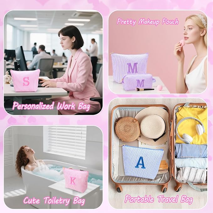 Personalized Initial Makeup Bag,Toiletry Travel Cosmetic Bag,Trendy Stuff for Teen Girls and Women,Holiday & Birthday Gift,2 Pack (H, Pink)