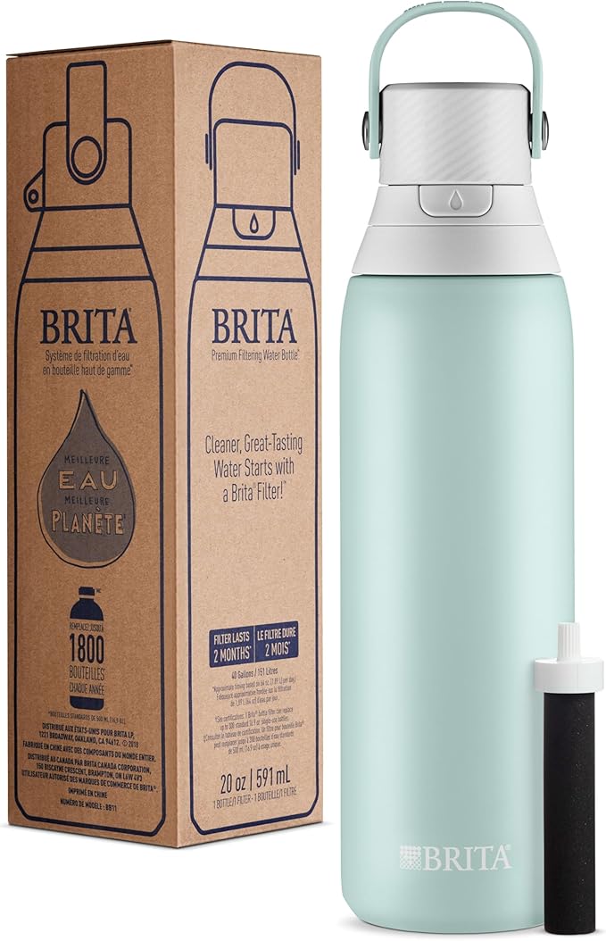 Brita Stainless Steel Premium Filtering Water Bottle, BPA-Free, Reusable, Insulated, Replaces 300 Plastic Water Bottles, Filter Lasts 2 Months or 40 Gallons, Includes 1 Filter, Glacier - 20 oz