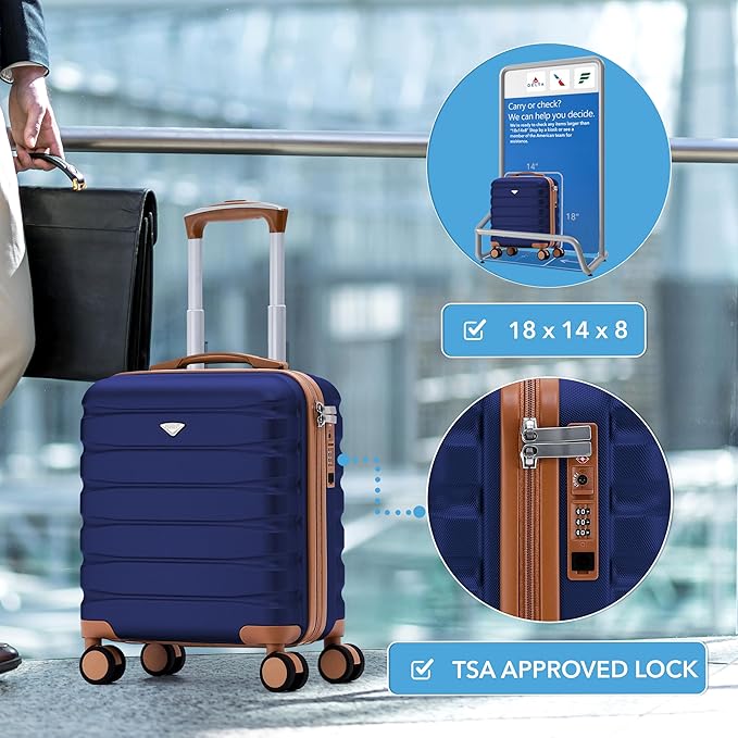 Flight Knight Carry On Suitcase 18x14x8" Hardside Built In TSA Lock & USB Port Lightweight Luggage Silent Double Spinner Wheels Maximum Underseat Carry-On Bag For American & United Approved Airlines