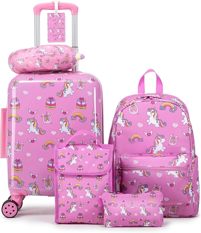 Kid’s Luggage Set 6 Piece Suitcase Set 16’’ Hardside Luggage with Spinner Wheels Girls Boys Carry on Luggage Travel Rolling Luggage Airline Approved