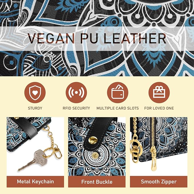 Jogjam Mandala Rfid Ladies Wallet, Small Slim Thin Compact Credit Card Women Wallet, PU Leather Bifold Cash Zipper Coin Pocket ID Window for Female