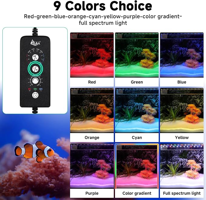 AQQA LED Aquarium Light, 24/7 & DIY Mode Full Spectrum Fish Tank Light | Adjustable Timer/Brightness, Extendable Bracket Aquarium Plant Light, Memory Function, IP68 Waterproof, for 12–18 Inch Tank