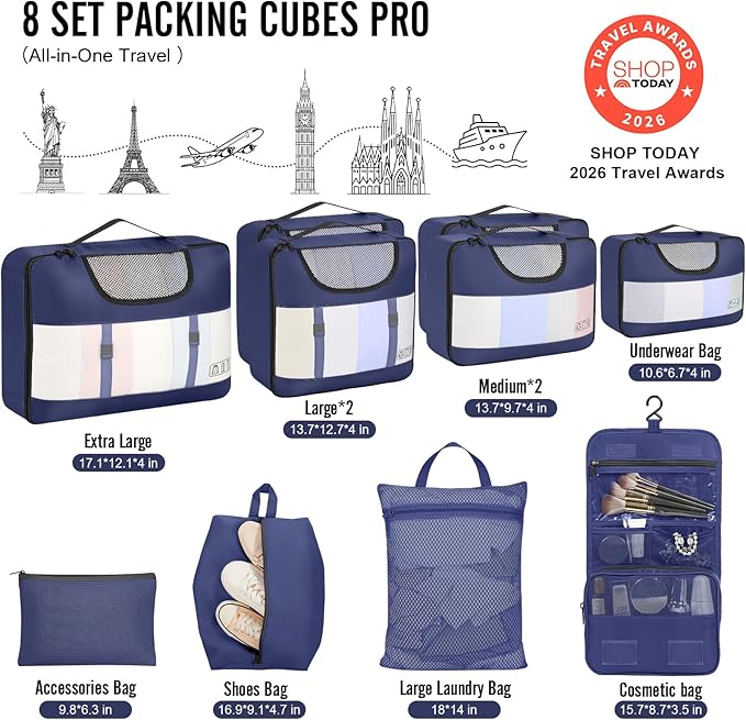 Veken 10 Set Packing Cubes for Travel Essential, Suitcase Organizer Bags in 4 Sizes, Carry-On Luggage Accessories with Large Laundry & Hanging Toiletry Bag, Must-Have for Airplane, Road Trip & Camping