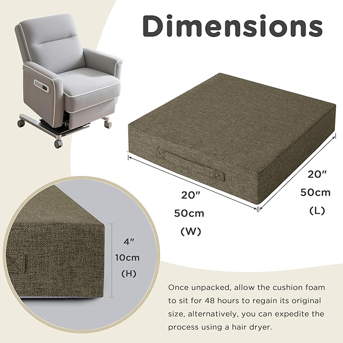 AddGrace Recliner Cushions for Elderly Thick Seat Cushion 20"x20"x4" Chair Pads with Non Slip Backing and Washable Cover for Couch Armchair Chairs Khaki