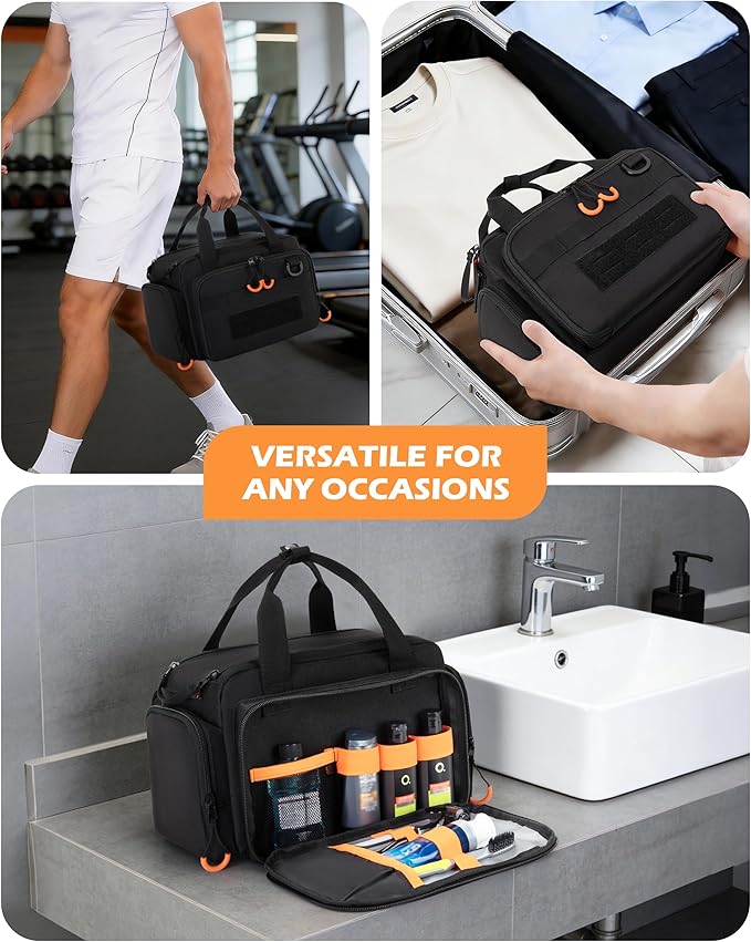 Tactical Travel Toiletry Bag for Men, Extra Large Dopp Kit Organizer with Dual Way Zippers, Travel Hygiene Bag for Shaving Grooming Bathroom Essentials, Black (Empty Bag)