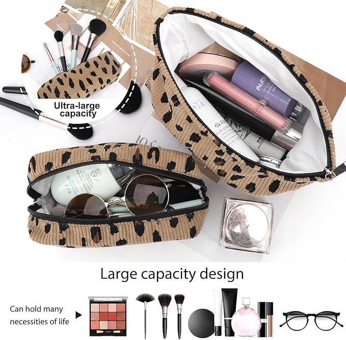 EIMMBD Makeup Bag 3 Pieces Large Capacity Cosmetic Bags Travel Toiletry Bag Organizer Cute Makeup Pouch Storage for Women(Brown Leopard)