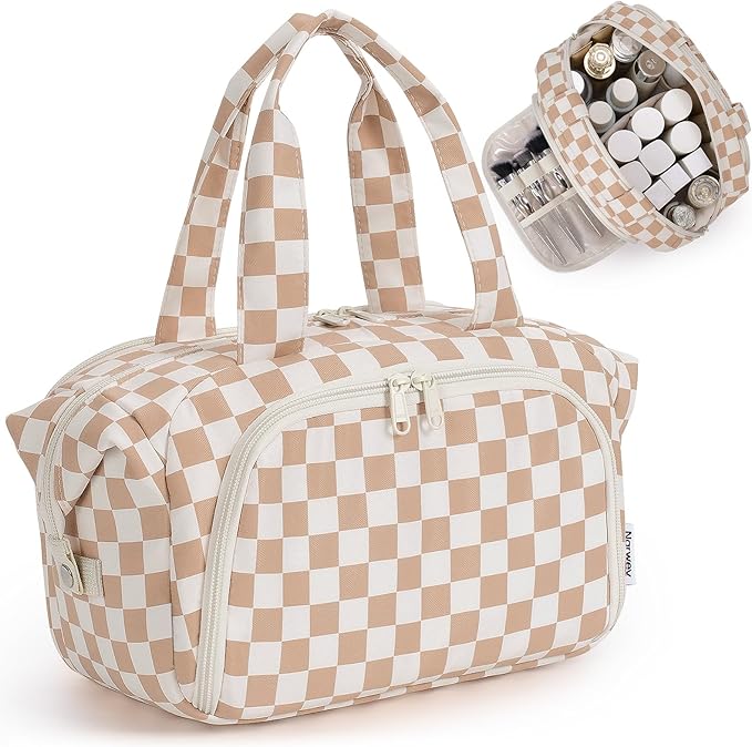 Narwey Travel Toiletry Bag for Women, Checkered Large Makeup Bag, Wide Open Cosmetic Make Up Organizer, Wet Pocket for Towel, Travel Bag for Toiletries, Brushes, Essentials (Light Brown Checker)