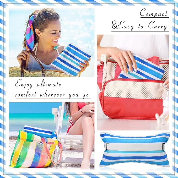 Menkxi 1 Pack 17"x10" Inflatable Beach Pillow with Removable Cover, Beach Chair Backpacking Pillow with Strap Stripe for Summer Sand Pools Travel Vacations(Blue White)