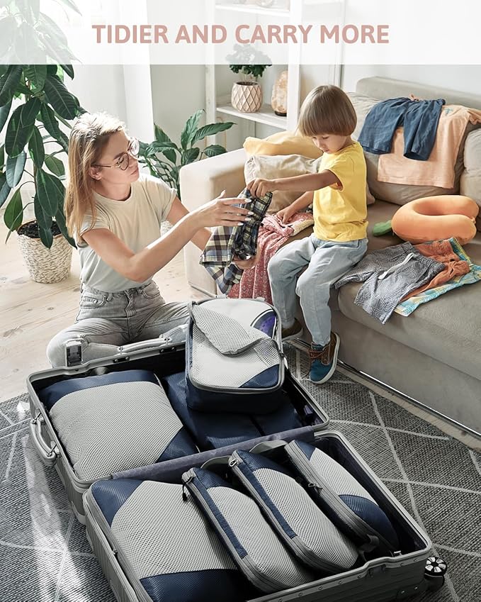 Meowoo 7 Set Compression Packing Cubes for Travel, Durable Ripstop Mesh Suitcase Organizer with Shoe Bag, Ultralight & Expandable Space Saver Travel Cubes