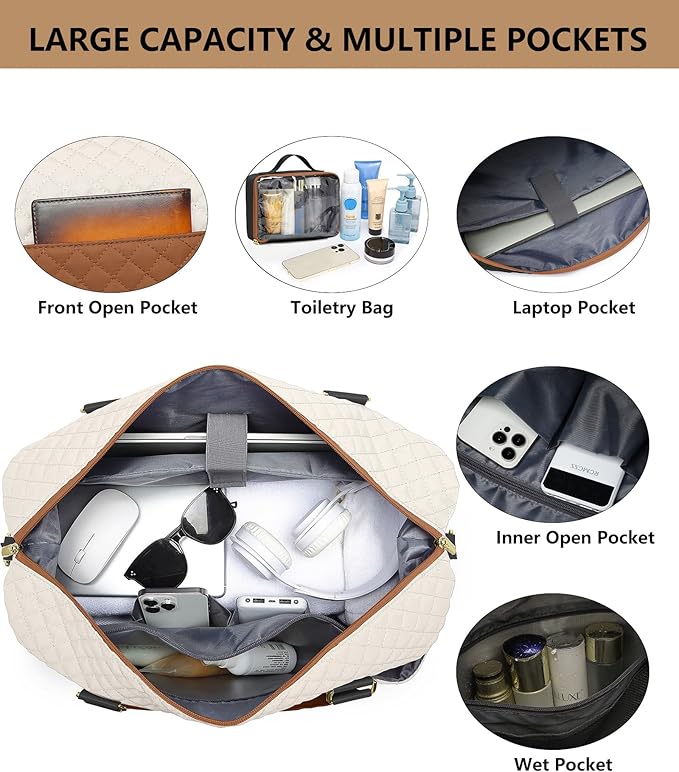 Travel Overnight Bag Weekender Bags - Duffle Bag Women with Shoe Compartment Carry on Tote Bag with Toiletry Bag Gym Duffel Bag with Wet Pocket Hospital Bags for Labor and Delivery Black White Brown