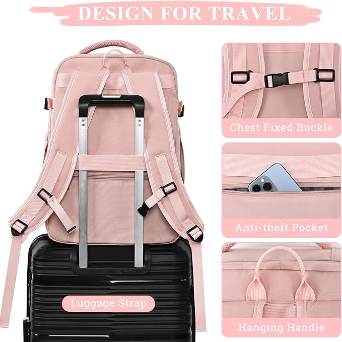 Large Travel Backpack for Women, 40L Travel Bag Personal Item Size, Laptop Backpacks, Waterproof Carry On Backpack with Packing Cubes for College Business Hiking Work Essentials, Pink