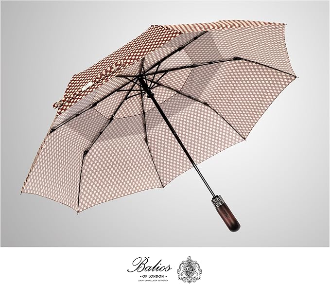 Balios Travel Folding Umbrella with Real Wood Handle Auto Open Close Vented Windproof Canopy - Designed in UK