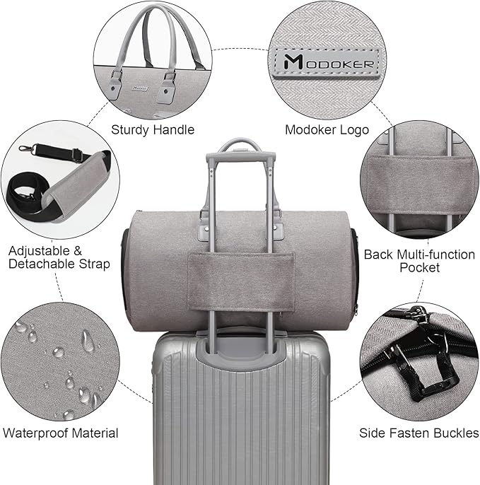 Modoker Convertible Garment Bag with Shoulder Strap, Carry on Garment Duffel Bag for Men Women - 2 in 1 Hanging Suitcase Suit Travel Bags, Light Grey