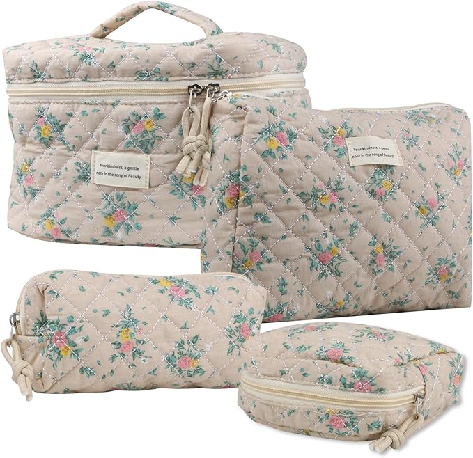 Cute Makeup Bag for Women(2 Pcs), Travel Cosmetic Bags, Quilted Coquette Aesthetic Floral Toiletry Organizer Bag (45 - Yellow Rose/4PCS)