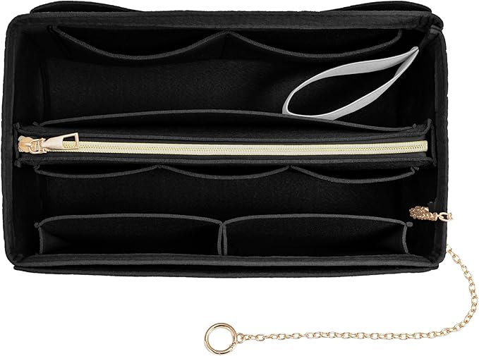 Purse Organizer Insert, Handbag Organizer with Zipper, Tote Shaper with Cup Holder & Keychain, Compatible with LV, Neverfull, MK, COACH, Longchamp, Kate Spade – Black-XL