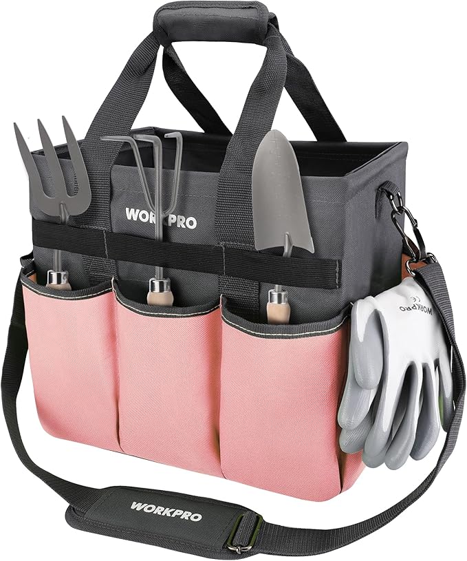 WORKPRO Garden Tool Bag, Heavy Duty Gardening Tote Bag Organizer with 10 Pockets and Long Adjustable Shoulder Strap, Standable Garden Home Tool Kits Organizer, Pink - Pink Ribbon