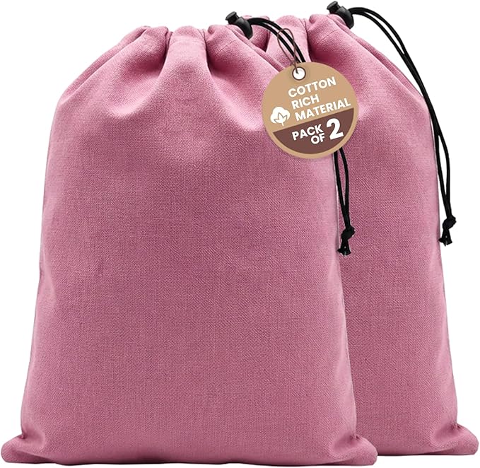 LFH Cotton Rich Shoe Storage Bags with Drawstring, Dustproof Breathable Reusable Organizer, Perfect For Travel, Dorm, Hotel, College, Gym, Easy to Carry, Machine Washable 8"x17" (Pack of 2) - Pink
